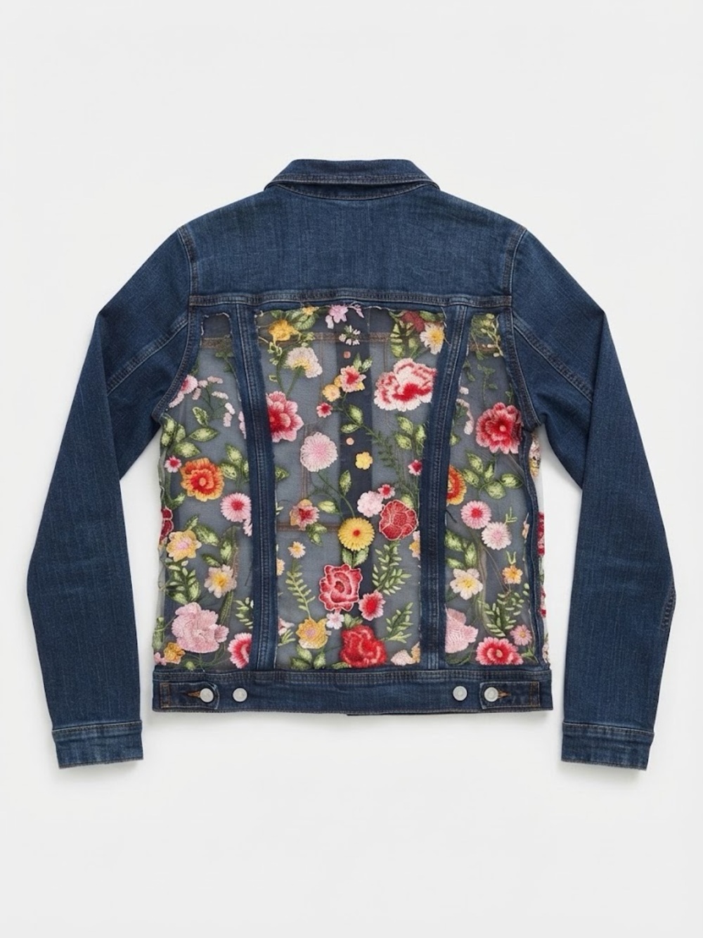 ✨ UPCYCLED Embroidered Floral Sheer Back Denim Jacket - Mesh Panels - Picture 4 of 10